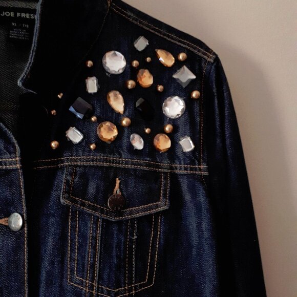 EUC Joe Fresh dark blue denim jacket w/ crystal & pearl embellishments, XL - Picture 8 of 8